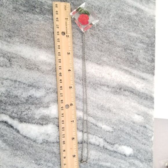 Vintage Lucite Rose Pendant Necklace, Red and Green, Clear Base, Estate - Picture 4 of 5